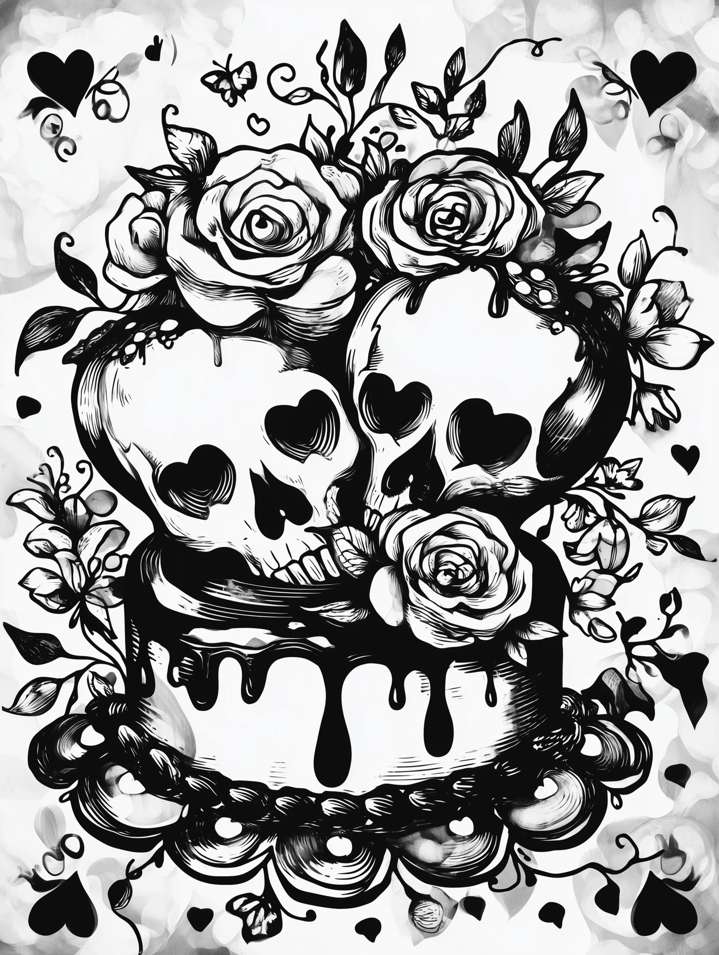 Free printable coloring page for adults featuring skulls on a decorative cake